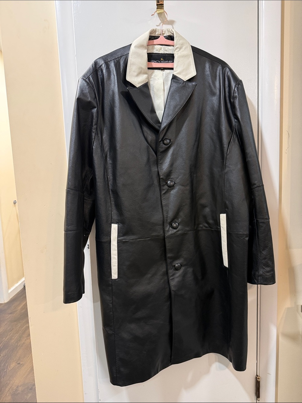 Stacy Adams Black Leather Trench Coat with White Trim